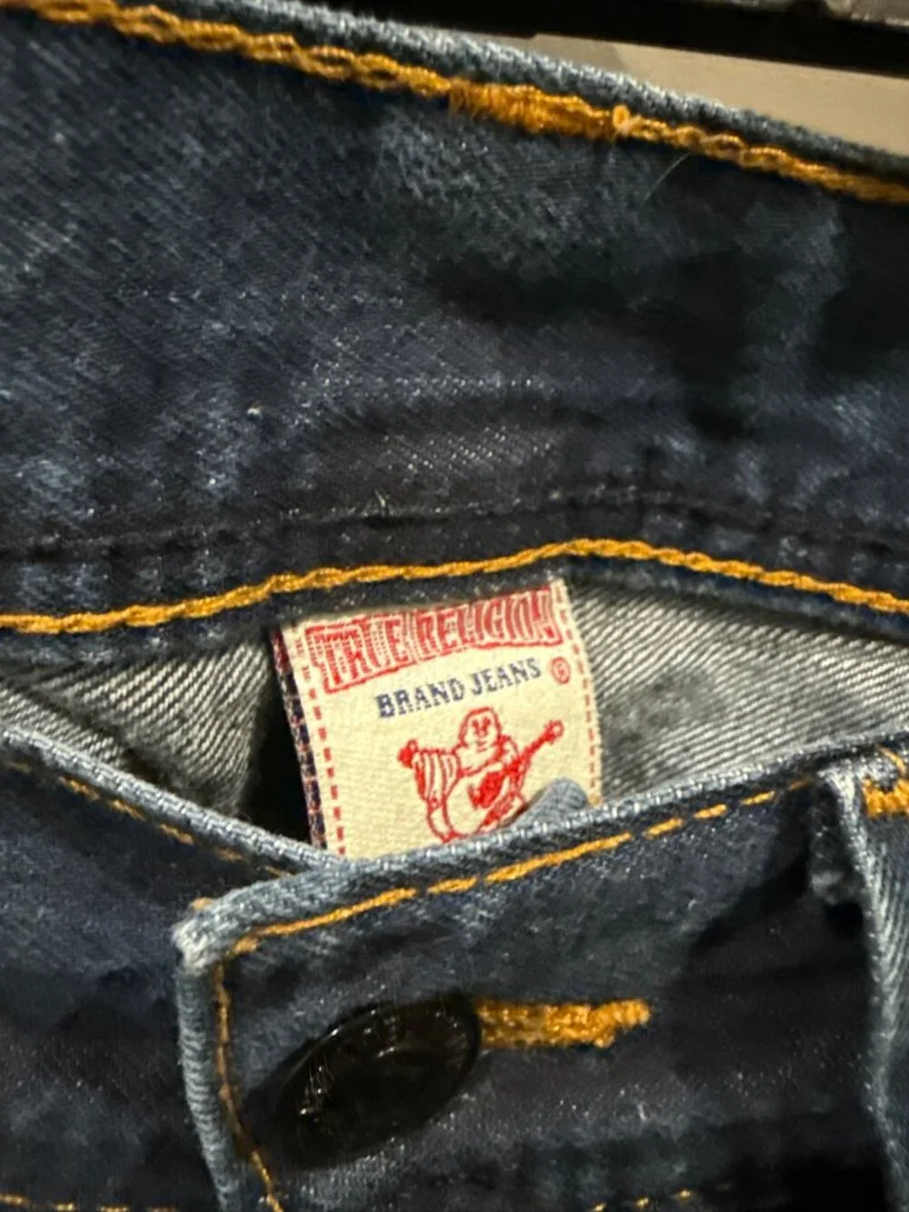TRUE RELIGION BRAND JEANS MENS 33 AMERICAN FLAG LOGO ORANGE STITCH INGLORIOUS